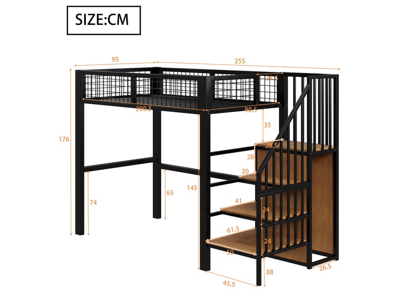  Lit mezzanine 90x200 cm, échelle, cadre fer, étagères, armoire blanche  - Conforama C