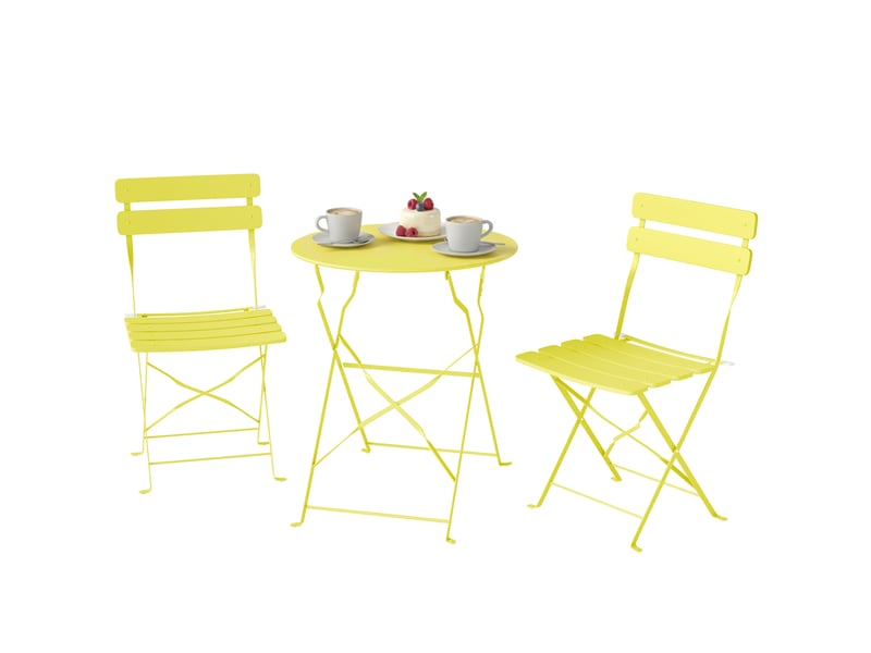 Ensemble bistrot de jardin 3 pièces table et 2 chaises pliantes à lattes double protection antirouille jaune - Conforama B