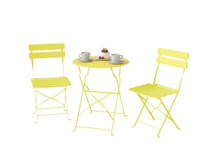 Ensemble bistrot de jardin 3 pièces table et 2 chaises pliantes à lattes double protection antirouille jaune