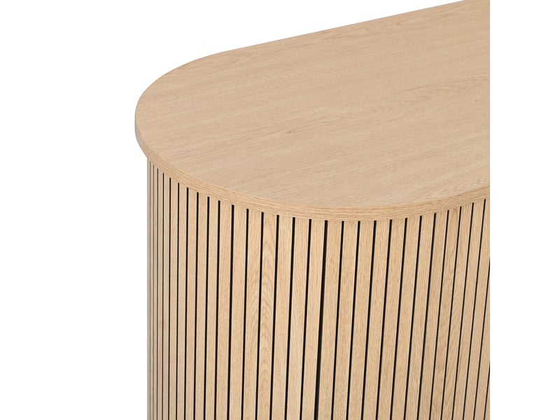 Buffet arrondi 160 cm décor bois naturel, 2 portes coulissantes, 3 tiroirs, étagères réglables et pieds en fer - Conforama E