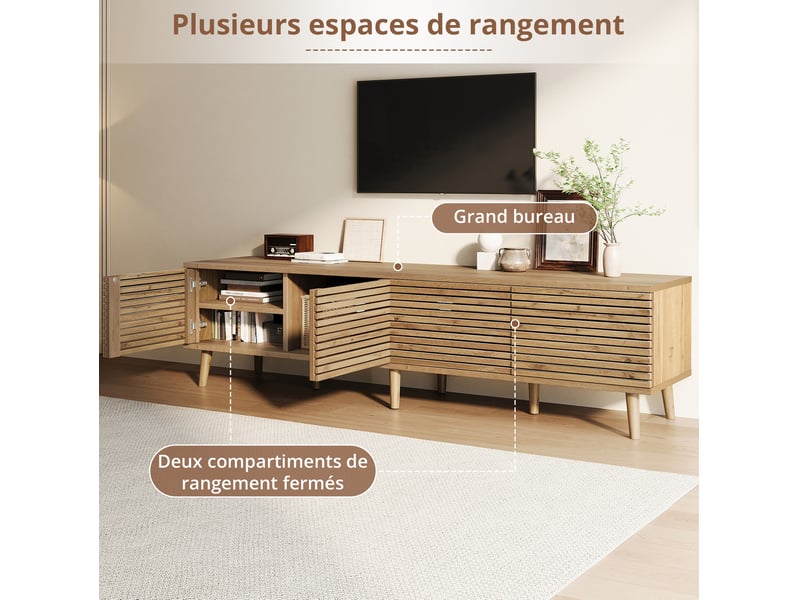  Meuble tv 180x40x46 cm, 4 portes de rangement avec passage de câbles, structure mdf et panneau de particules, naturel  - Conforama E
