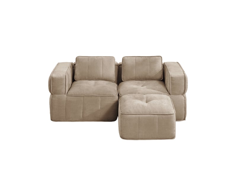 Canapé d'angle modulable 2 places avec pouf, sans structure rigide, en polyester sable beige - Conforama E