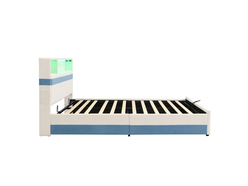  Lit double coffre 140x200 cm blanc et bleu, velours, led, usb, rangement hydraulique  - Conforama D