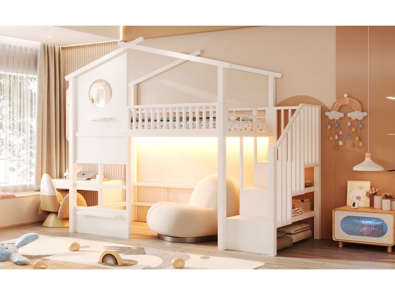 Lit mezzanine enfant simple 90×200 cm avec escalier de rangement et éclairage led - okmyhome- blanc, sans matelas - Conforama E