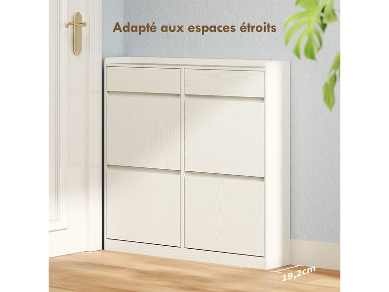  Meuble à chaussures 8 paires avec 2 tiroirs coulissants et 4 tiroirs rabattables, 98 x 19,2 x 95,3 cm, blanc  - Conforama E