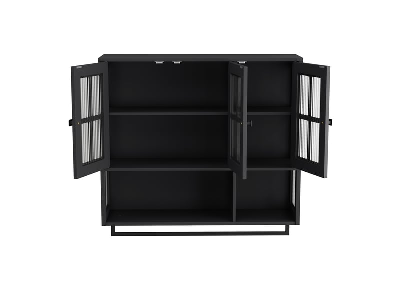  Armoire murale modèle bath 3 portes, noir, bois, rangement ouvert caché, porte vitrée, barre serviette  - Conforama E