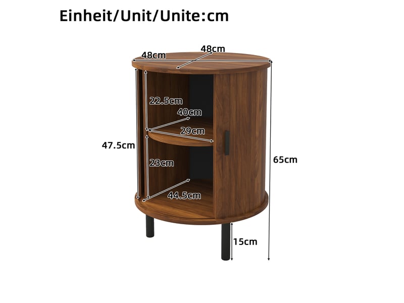  Table de chevet ronde avec 1 porte coulissante et 1 étagère, en mdf et panneaux, noyer, 48 × 48 × 65 cm  - Conforama D
