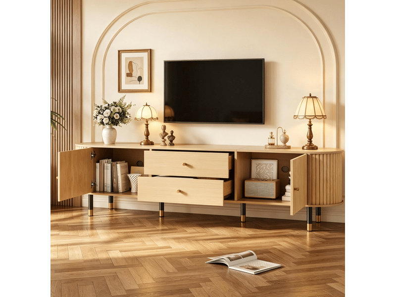  Meuble tv bas avec 2 portes, 2 tiroirs et passe-câbles, finition bois naturel, pour salon en mdf 180 × 40 × 58 cm  - Conforama E