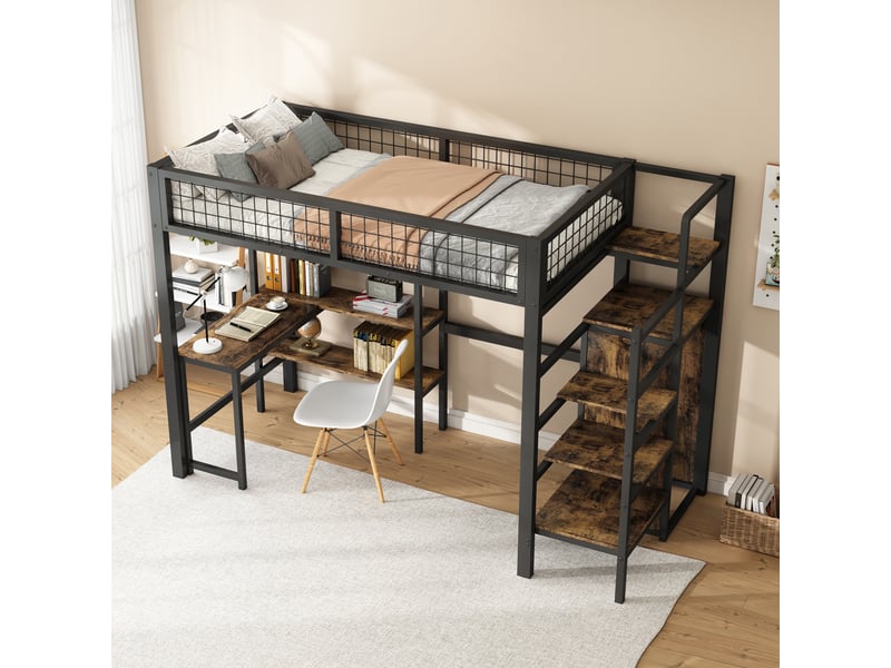  Lit mezzanine enfant 90 x 200 cm - lit simple avec bureau et placard de rangement - cadre métallique stable et sécurisé - sans matelas - noir  - Conforama E