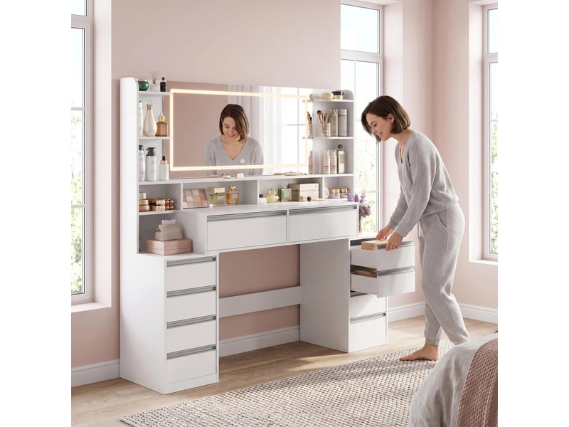  Grand meuble-lavabo de 134,6 cm avec grand miroir, blanc, 10 tiroirs  - Conforama B