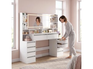 Grand meuble-lavabo de 134,6 cm avec grand miroir, blanc, 10 tiroirs