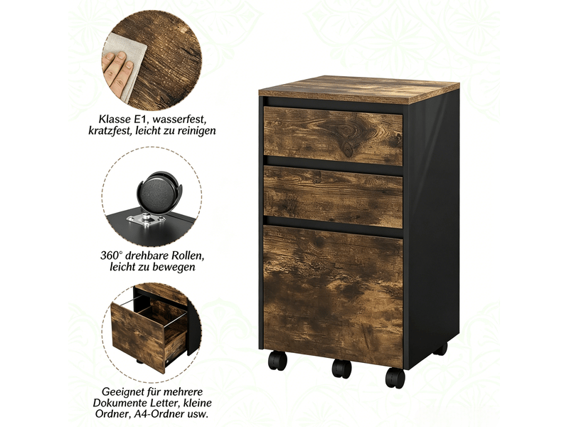  Caisson de bureau mobile 40 x 40 x 70 cm noir chêne foncé, panneaux de bois, 3 tiroirs pour dossiers a4  - Conforama E