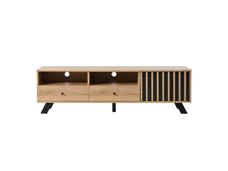  Meuble tv bas 150 cm, 2 tiroirs, noir et bois naturel, panneaux de particules, pour tv jusqu’à 60 pouces Fay Lum - Conforama A