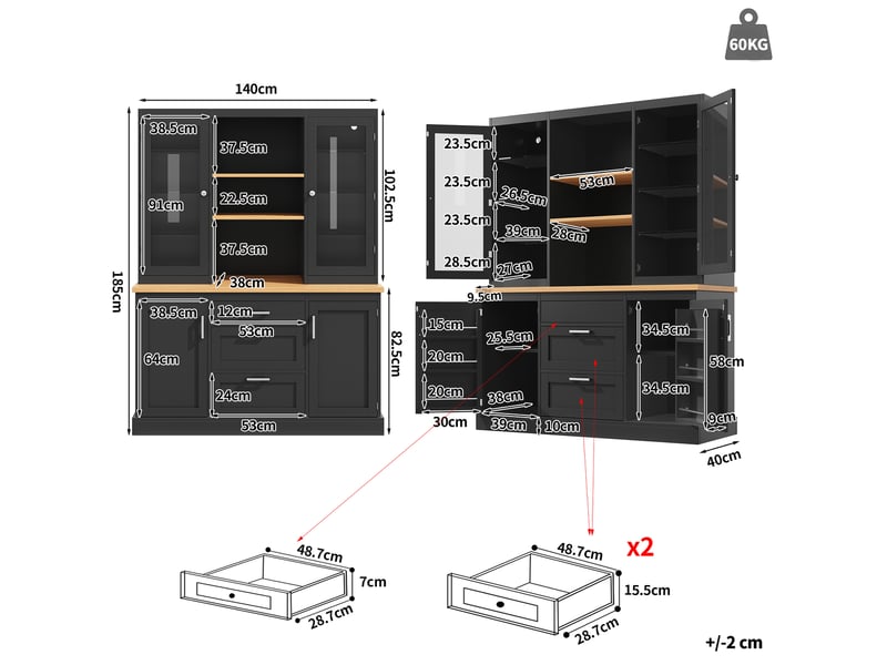  Meuble buffet rangement cuisine 140x40x185 mdf noir led tiroirs verre métal app homvra  - Conforama E