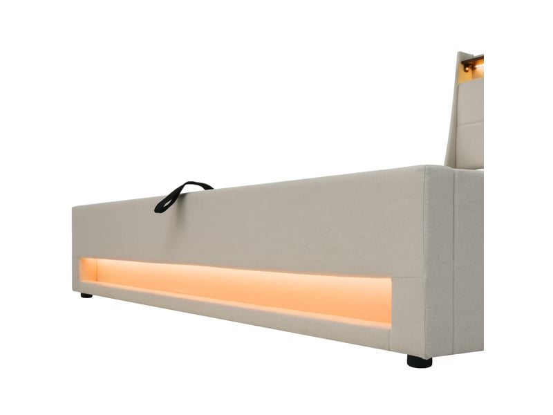  Lit 1 personne 90x200 cm avec matelas, structure de lit avec tête de lit en lin, beige, lit simple led avec sommier à lattes  - Conforama R