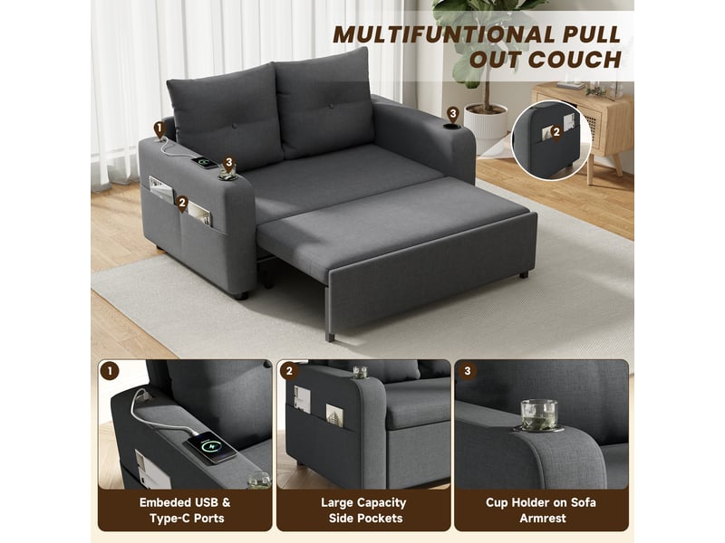 Canapé convertible 2 places 3-en-1 131x81x94 cm, couchage 187 cm, porte-gobelets, poches latérales, usbtype-c - gris - Conforama E