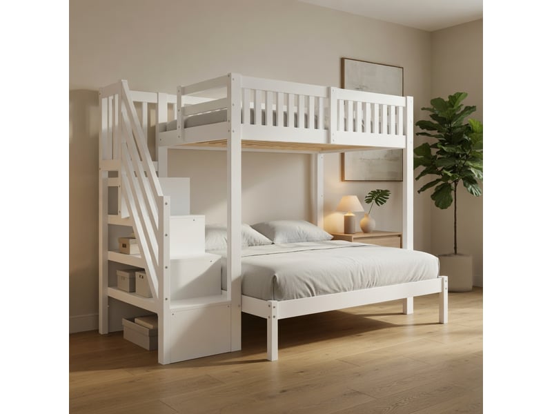  Gutenacht lit mezzanine 90x200 cm blanc avec penderie, bureau, échelle et tiroirs  - Conforama C