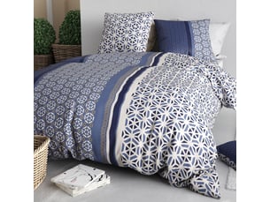 Parure housse de couette 260x240cm + 2 taies motif géométrique bleu 100% coton - orane