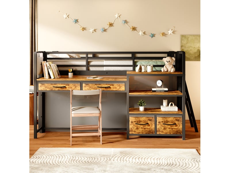  Lit mezzanine 90x200 cm avec bureau, rangement, tiroirs tissu, éclairage led, métal mdf noir sans matelas  - Conforama B