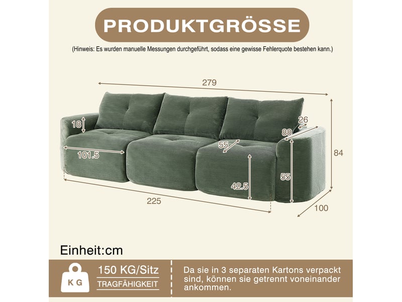  Canapé modulaire 3 places 279x100x84 cm vert sauge en velours côtelé, configuration 2+1 et assises séparables  - Conforama C