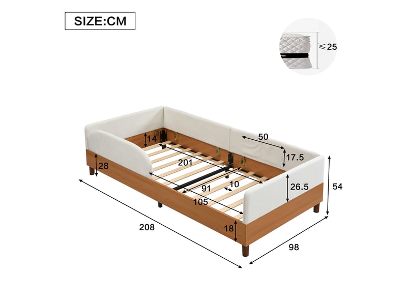  Lit enfant 90 × 200 cm 1 place avec 2 poches de rangement et barrière, sans matelas, en velours, blanc  - Conforama D