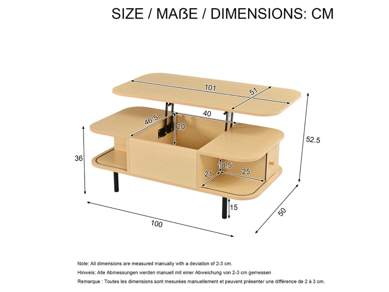 Table basse relevable 101x51x52,5 cm avec rangements coloris naturel - Conforama C