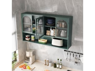 Armoire murale 120 cm, 4 portes, rangement vertical, design minimaliste, pour cuisine et salon, en métal vert foncé