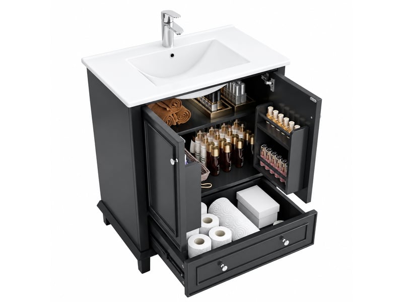  Meuble vasque noir 76 cm avec lavabo en céramique, 2 portes et 1 tiroir  - Conforama A