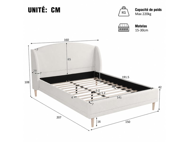 Lit double 140x190 cm - lit capitonné adulte design classique avec tête de lit à oreilles - sans matelas - en tissu bouclette - blanc  - Conforama C