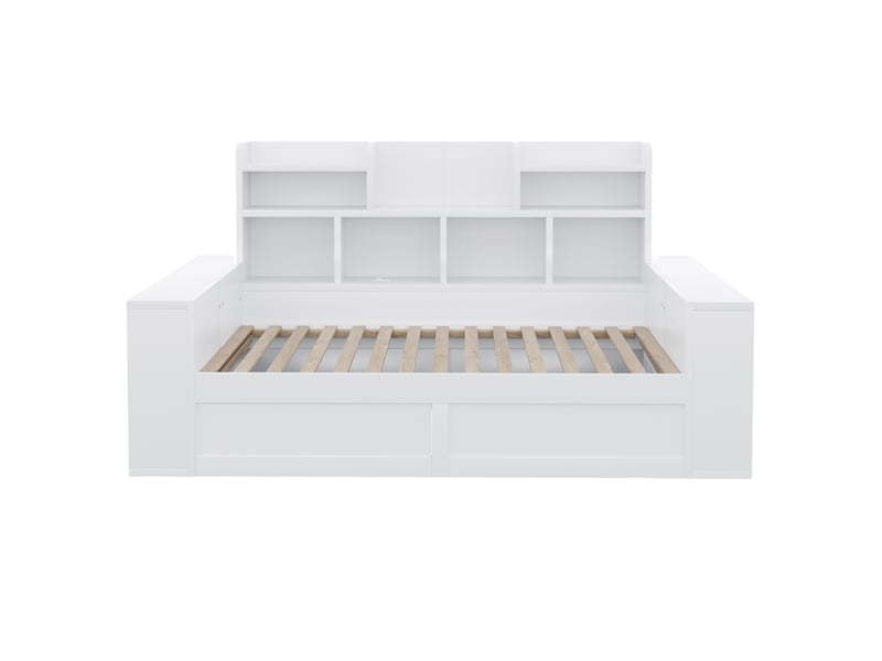 Lit banquette 90x200 cm avec coffre de rangement, led et prises, blanc, sans matels - Conforama R