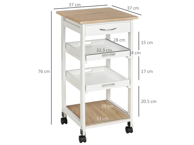  Chariot de service desserte de cuisine à roulettes 2 plateaux amovibles, étagère chêne clair blanc, tiroir  - Conforama C