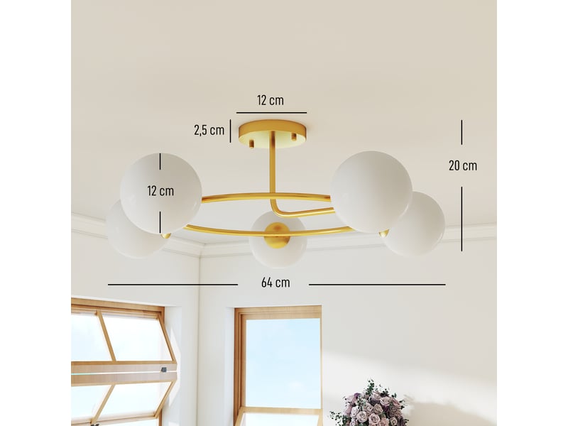  Plafonnier moderne à 5 lumières, anneau doré et globes en verre blanc, culots g9 pour salon et salle à manger, ø 64 cm  - Conforama C