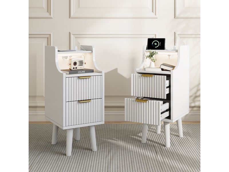  Lot de 2 tables de chevet,avec prises et ports usb et bande led 3 couleurs,meuble de nuit étroit design ondulé avec 2 tiroirs et niche ouverte,blanc  - Conforama B