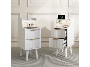 Lot de 2 tables de chevet,avec prises et ports usb et bande led 3 couleurs,meuble de nuit étroit design ondulé avec 2 tiroirs et niche ouverte,blanc
