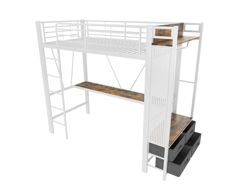 Lit mezzanine blanc 90x200 cm avec bureau, 4 tiroirs, led, usb et type-c - Conforama D