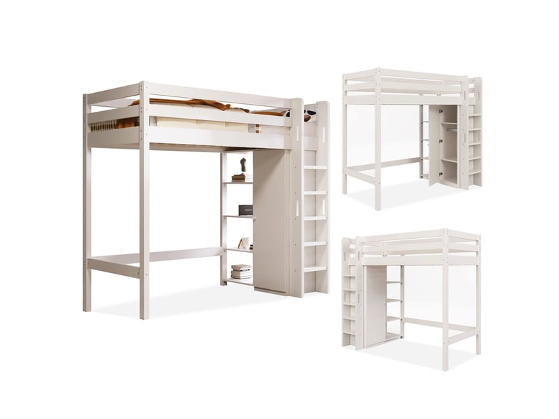  Lit mezzanine enfant 90 x 200 cm, avec armoire et 6 étagères, blanc  - Conforama A