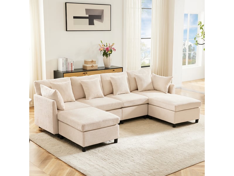  Canapé modulable 4 à 6 places 278x161x81 cm, configurable en u ou l, avec 2 poufs mobiles, 6 coussins, assise profonde, tissu chenille,beige  - Conforama D