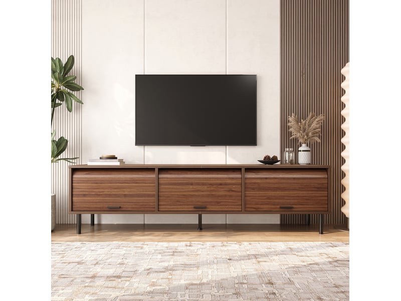Meuble tv 3 portes coulissantes, 4 niches et 5 pieds métalliques noirs pour salon en mdf noyer 180 × 40 × 55 cm - Conforama E