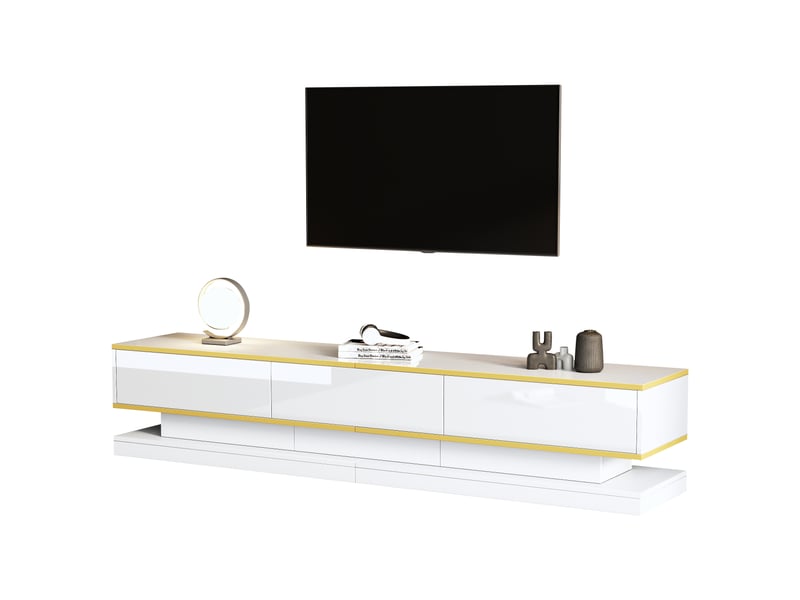  Meuble tv 200 cm blanc brillant, meuble bas avec 3 tiroirs et étagères, 200x40x40 cm, panneau de particules, blanc chaud et or.  - Conforama A