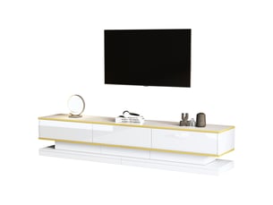Meuble tv 200 cm blanc brillant, meuble bas avec 3 tiroirs et étagères, 200x40x40 cm, panneau de particules, blanc chaud et or.