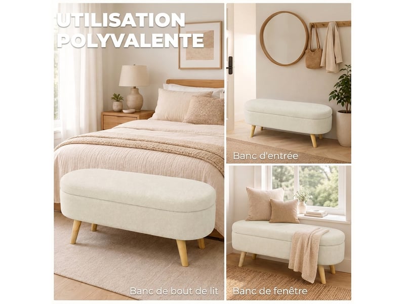  Banc banquette, bout de lit, coffre de rangement 2 en 1 en tissu avec pieds en bois, 110l x 40p x 43h cm, crème  - Conforama R