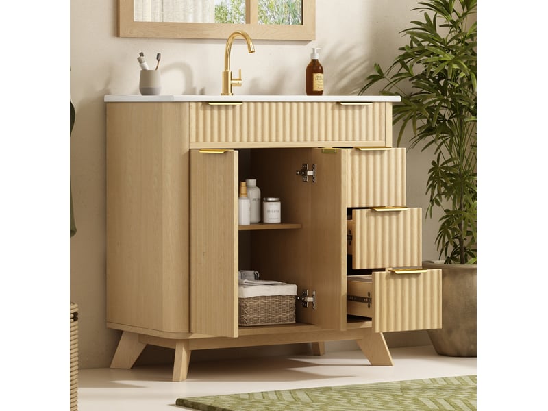  Meuble sous vasque avec 3 tiroirs et 2 portes à fermeture douce, en mdf naturel, pour salle de bain 81 × 47 × 90 cm  - Conforama D