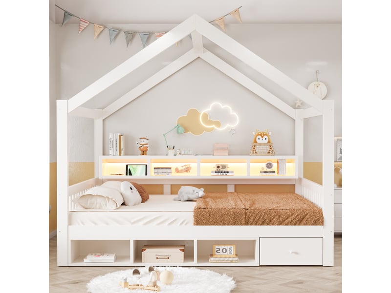 Lit cabane enfant 140x200 cm tiroirs de rangement éclairage led sommier à lattes prises intégrées bois et mdf blanc OPULERANE TRADING LTD - Conforama C