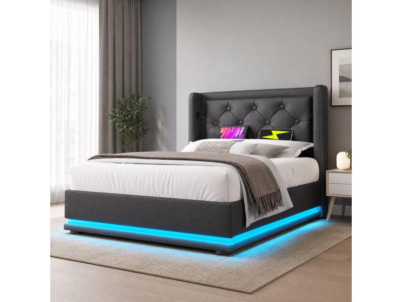  Lit simple coffre hydraulique 90 x 200 cm noir en pu avec led et charge usbtype-c  - Conforama C