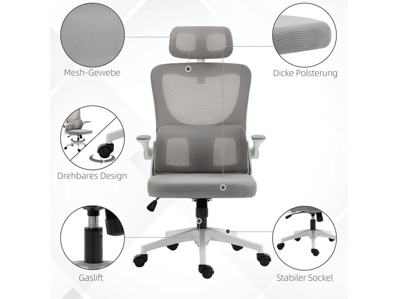  Chaise de bureau ergonomique,60x59x114-122 cm,avec appui-tête,mesh,gris  - Conforama D