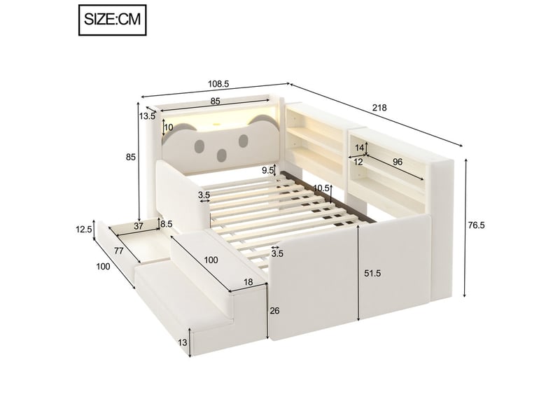 Lit rembourré pour enfant, 90 x 200 cm, dossier avec tablette et plusieurs compartiments, tiroir et port usb, velours, beige  - Conforama C