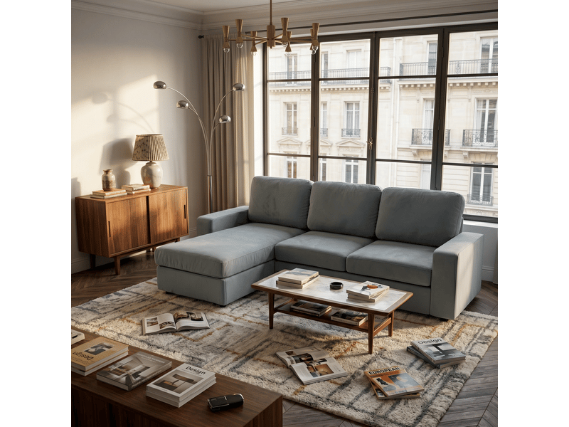 Canapé d'angle avec rangement 4 places gris - méridienne réversible, 245,5 cm, assise moelleuse - Conforama B
