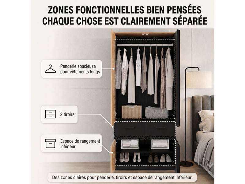  Armoire 3 portes avec miroir et éclairage led, 135x47x200 cm, 4 tiroirs, chêne  - Conforama E
