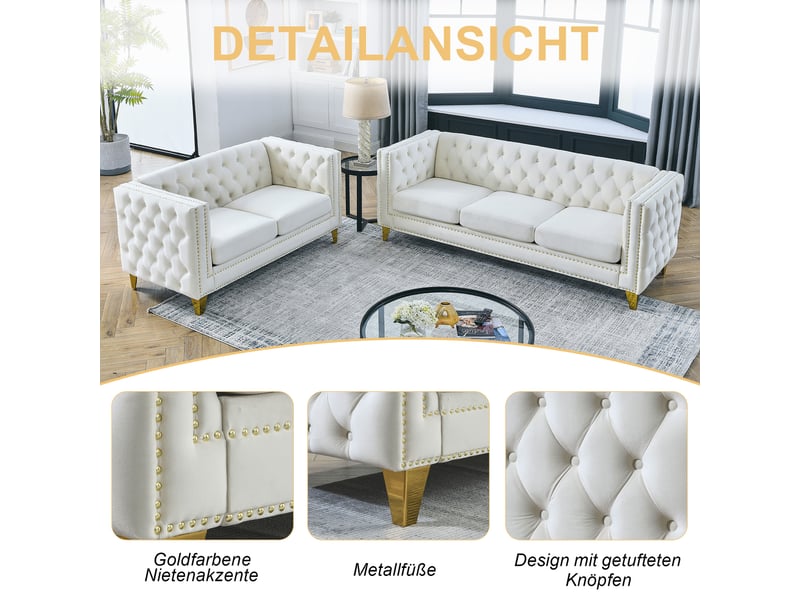  Canapé chesterfield beige en velours, 204,4 x 224,7 x 73,6 cm, pieds dorés, boutons capitonnés, clous dorés  - Conforama D