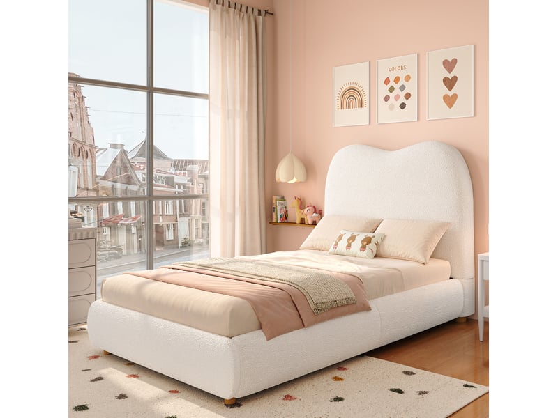  Lit enfant coffre 90x200cm avec relevage moderne, sommier à lattes, tête rembourrée, tissu bouclé beige sans matelas  - Conforama B